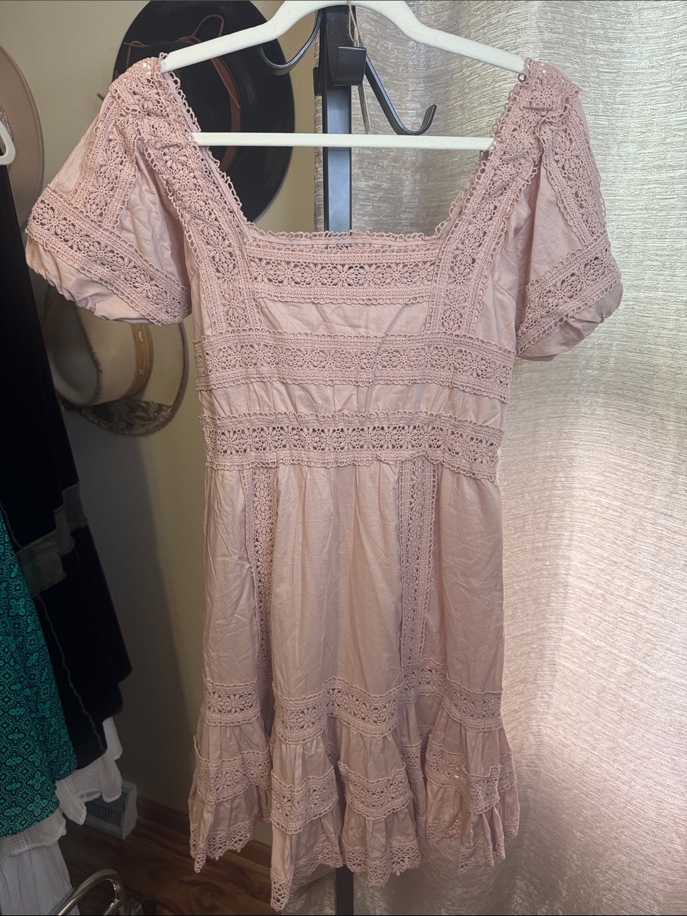 Victoria's Secret Blush Lace-Trim Square Neck Mini Dress